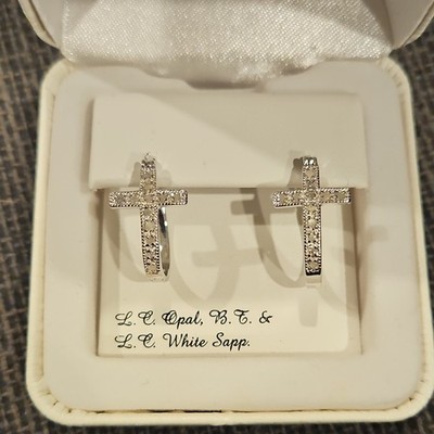 Lab-Created White Sapphire Cross Hoop Earrings with Opal & B.T., Silver