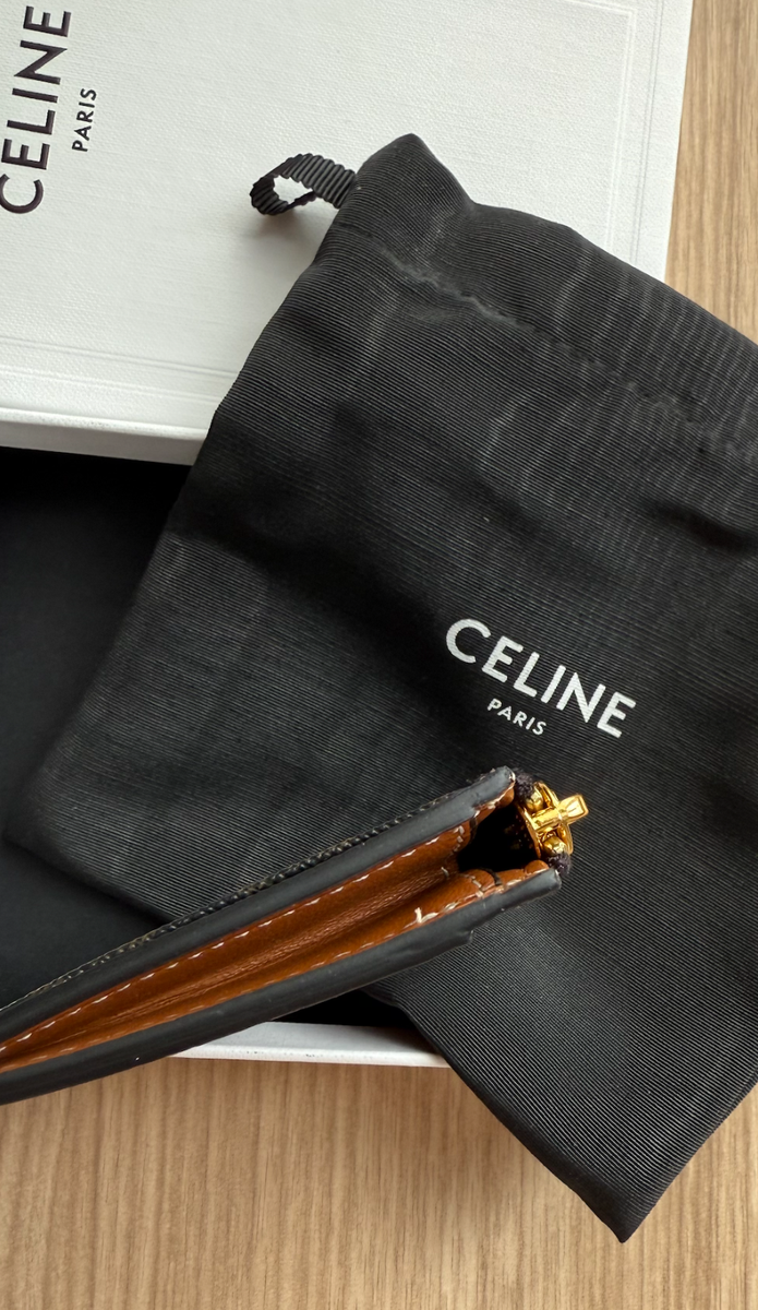 NEW CELINE Triomphe Zipped Card Holder Coin Case Purse Tan Leather
