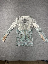 Charming Charlie Shirt Womens Medium Paisley Long Sleeve Boho Top Beaded Trim