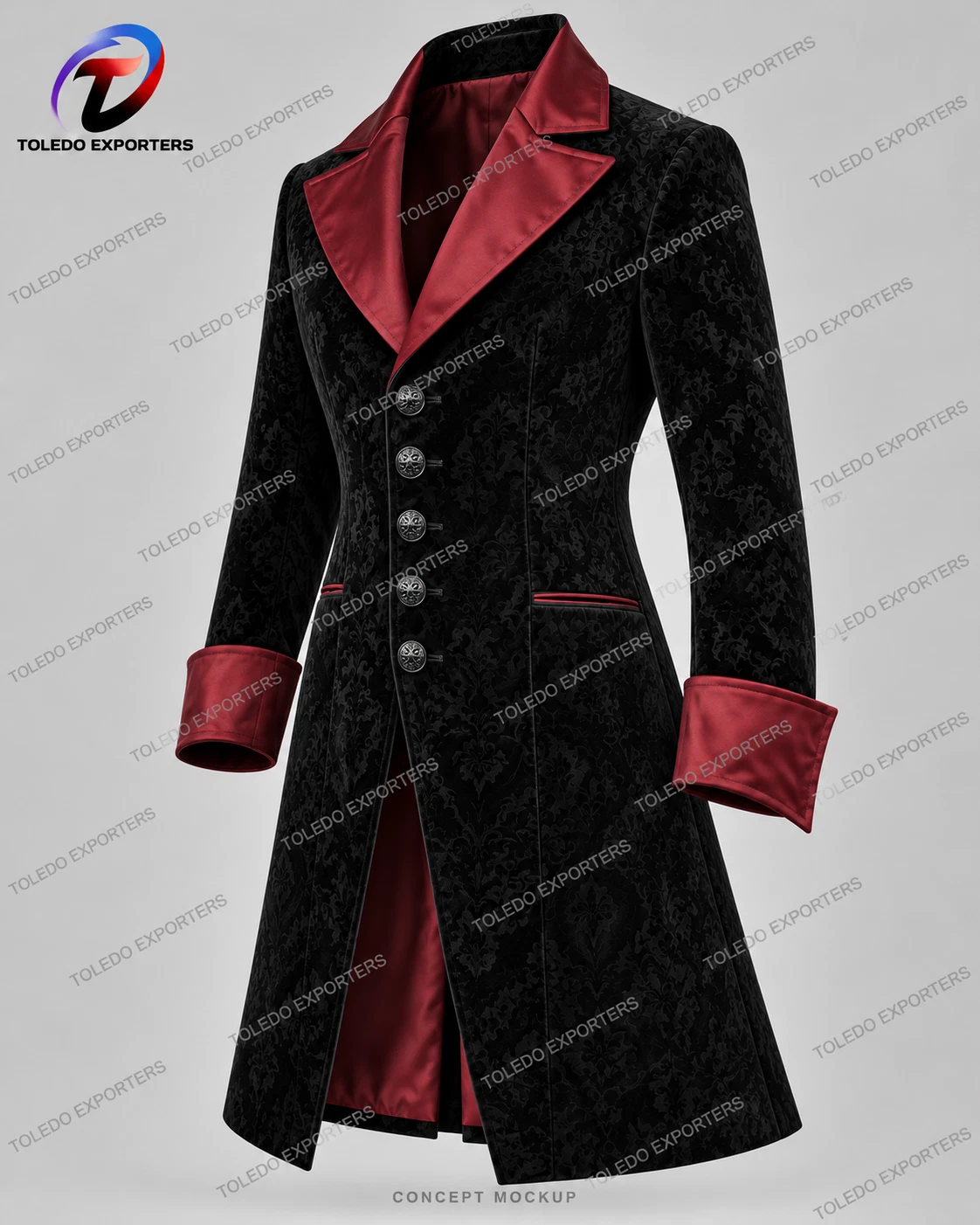 Men’s Gothic Vampire Coat, Black Damask Velvet with Burgundy Lapels and Cuffs - product detail image 4