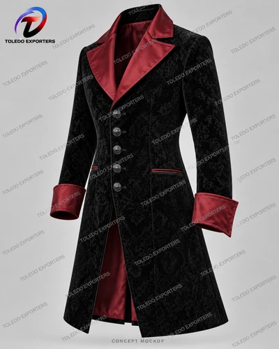 Men’s Gothic Vampire Coat, Black Damask Velvet with Burgundy Lapels and Cuffs image 4