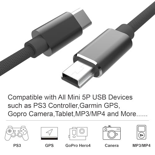 Type C to Mini USB Cable 3.3 ft Data Sync for Camera MP3 GPS Devices - Picture 4 of 6