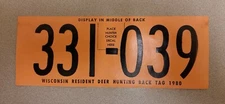 1980 Wisconsin Resident Deer Gun Hunting Back Tag License Blaze Orange Fabric