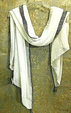 Simonetta White Semi-Sheer Long Solid Scarf Shawl Wrap Fringe Metallic Trim  NWT