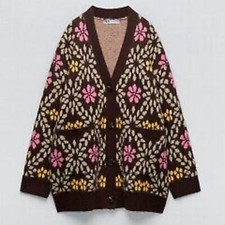 ZARA JACQUARD FLORAL CARDIGAN KNIT SWEATER 9598/230 SZ S