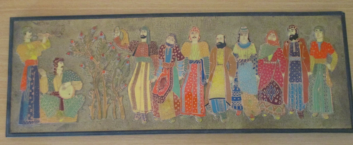 Altes Wandbild Bild Russische Emaille auf Kupfer Feierszene mit russ. Trachten