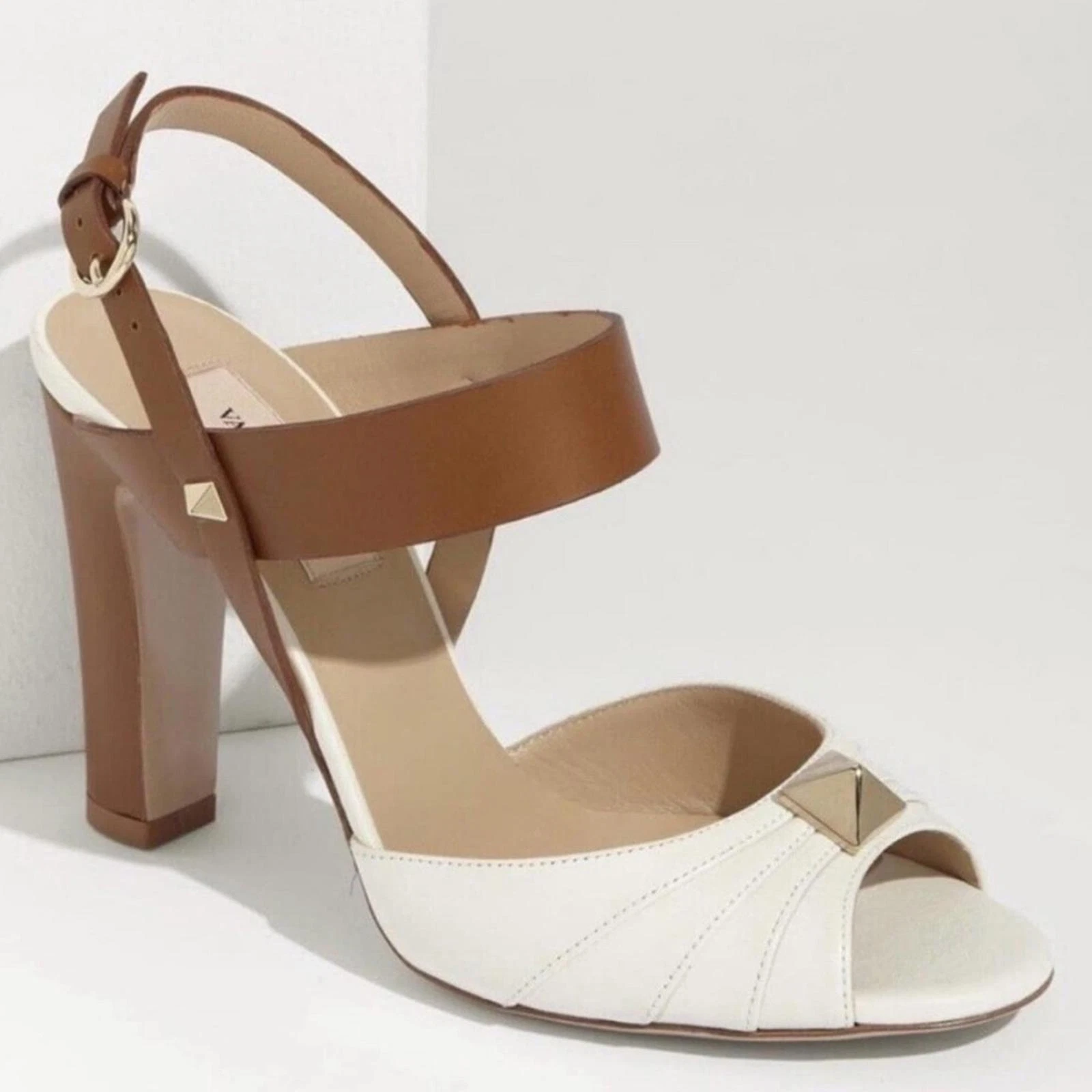 Valentino — Valentino Garavani Macrostud Rockstud High Heel Sandals Tan White Open Toe 41