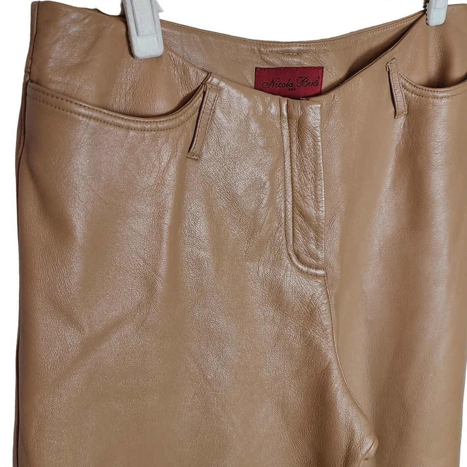 Брюки женские Nicola Bertie 10 желтовато-коричневые натуральная итальянская кожа прямые штанины высокая посадка - Изображение 4 из 4