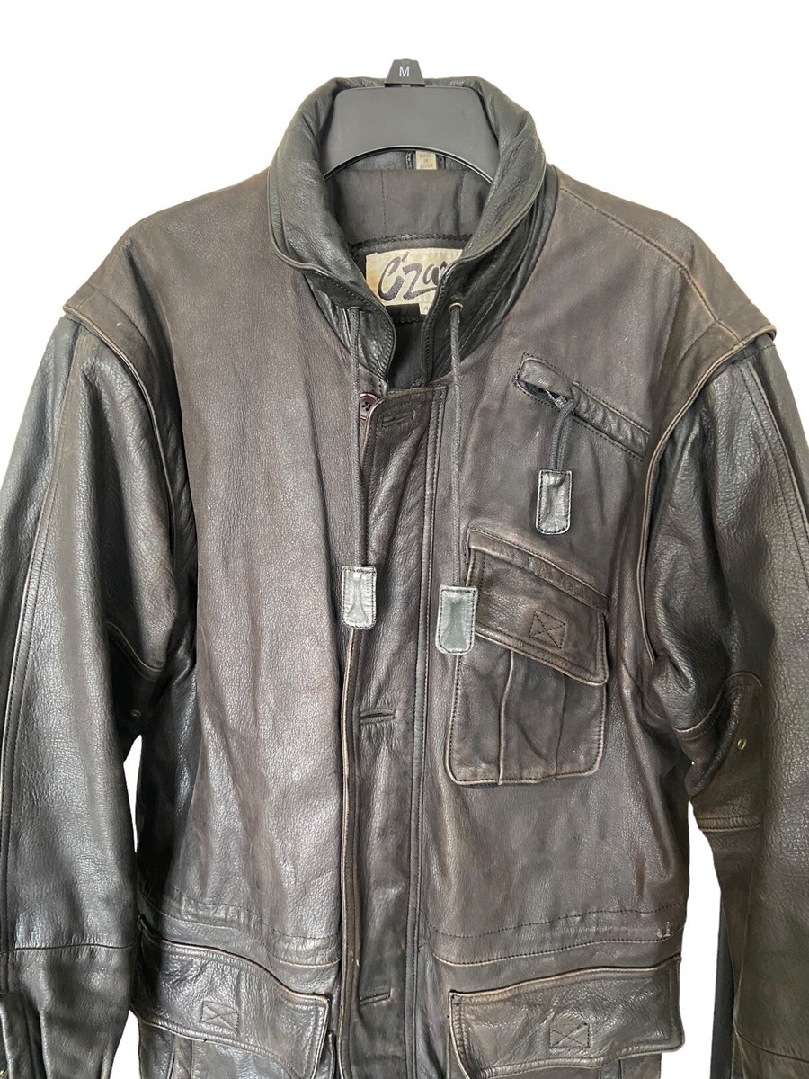 C'Zar Vintage 80's Genuine Leather Jacket Black Coat Full Zip SZ