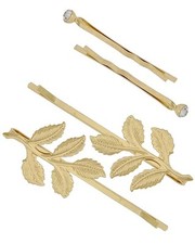 13b 4pcs Shiny Gold Leaf Leaves  Rhinestone Bobby Pin Hair Accessory Set