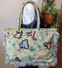 VTG Upholstery Tapestry Bag Tote Fringe 3D Green Gold BOHO Hippie Beaded Retro