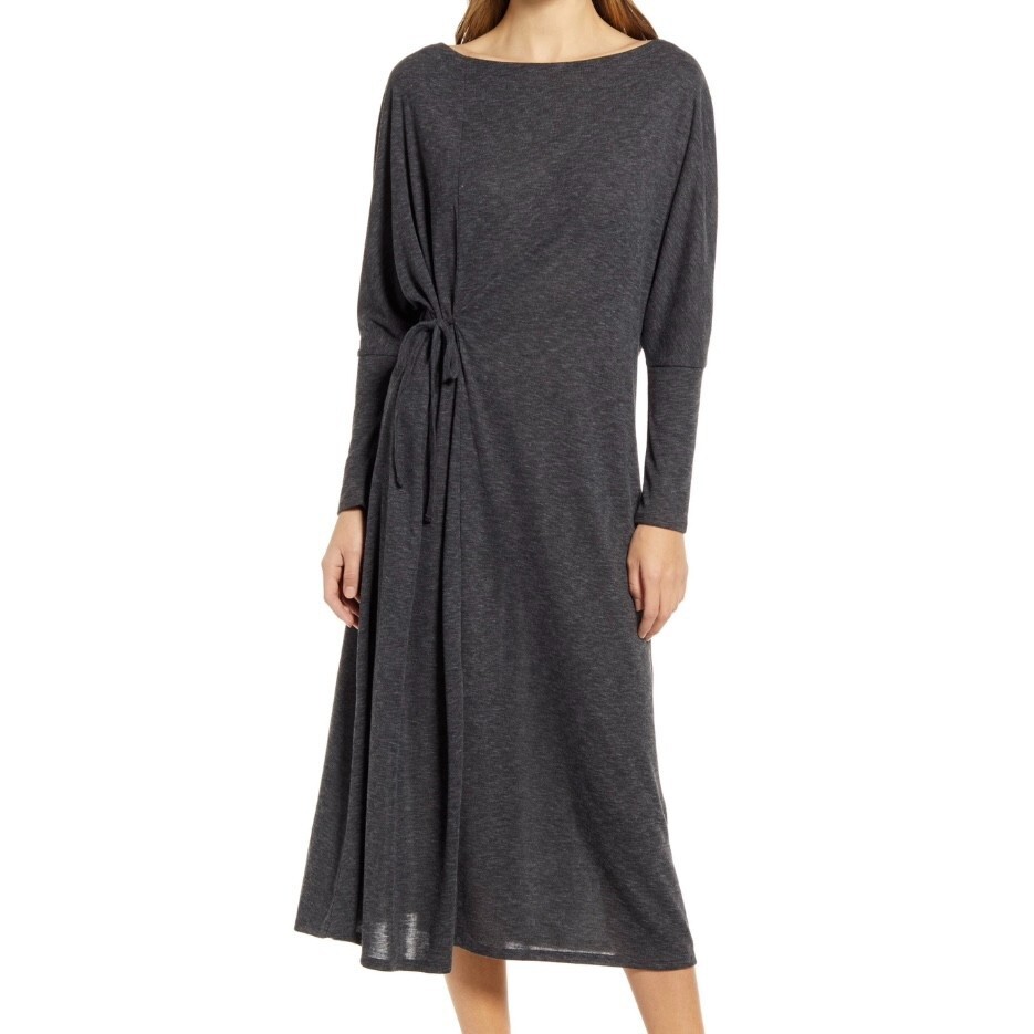 New Caslon Soft Knit Long Sleeve Side Tie Midi Dress Charcoal Grey Size  Medium