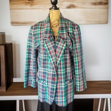 Alfred Dunner Vintage Plaid Women's Blazer Jacket Green Navy Button Closure SZ 1