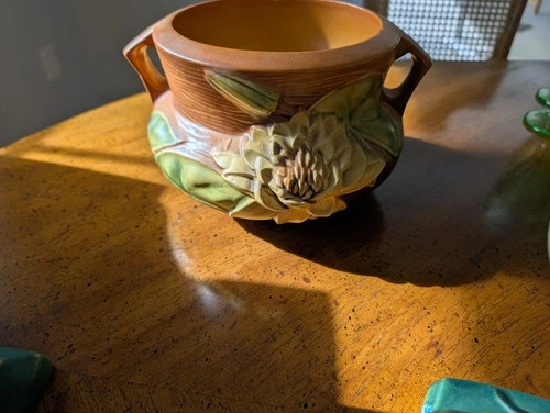 Vintage Roseville Art Pottery Vase Water Lily Jardiniere 437 - 6 Double Handle