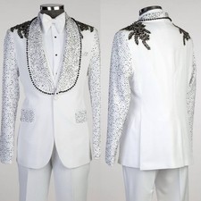 Crystal Rhinestone Men Suits Peak Lapel Wedding Tuxedo Prom Evening Party