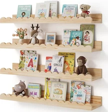 Book Shelves, 4- Pack White Floating Shelves for Wall Kids, Scalloped Shelves 