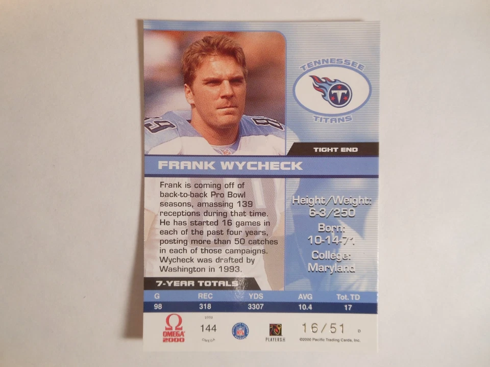 2000 Pacific Omega - Frank Wycheck #144 Copper 16/51 - Image 4 of 4