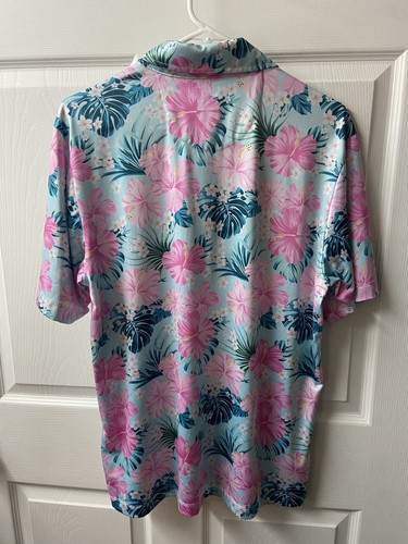 Con Struct Polo Shirt Mens Large Quick Dry Performance Hawaiian Print Pink Blue - Picture 2 of 8