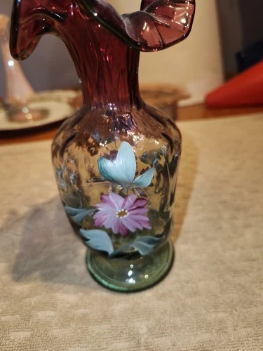 Fenton Hand Painted Green Glass Rose Bowl Vase with Purple White Flowers