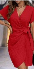 Ladies Red Wrap Style Dress Stretchy Size XL UK 16