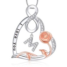 Rose Heart Initial Necklaces Gifts for Women, 925 Sterling Silver Initial M Lett