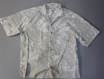 Columbia Shirt Mens Large Gray White Hawaiian Aloha 100% Cotton Leaf Print