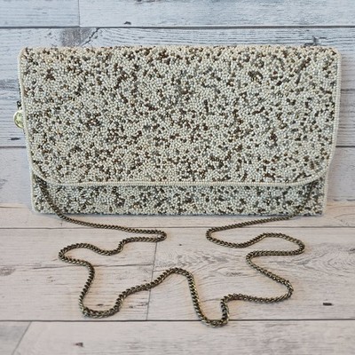 From St Xavier Beaded Purse Ivory Snow Clutch Shoulder Bag Gold Chain Elegant 