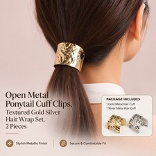 High Quality Metal Ponytail Cuff Hair Accessories, 2Pcs Hammered Gold and Silver
