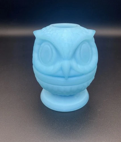 Vintage Fenton Blue Satin Glass Owl Fairy Lamp Art Glass Candle Holder 4”