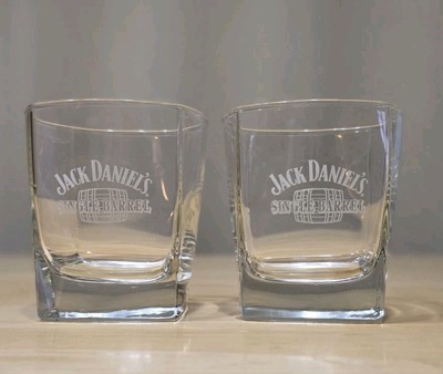 Jack Daniels Whiskey Single Barrel, Frosted Logo, Square Glass, Set Of 2