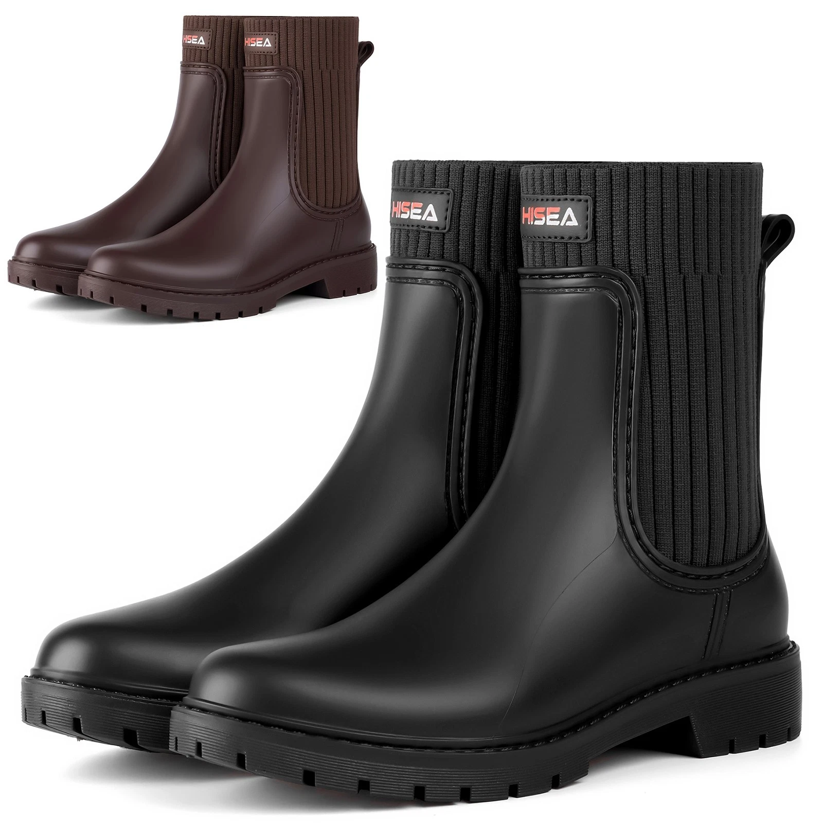 HISEA Women's Chelsea Knit Ankle Rain Boots PVC Waterproof Fashion Garden Shoes