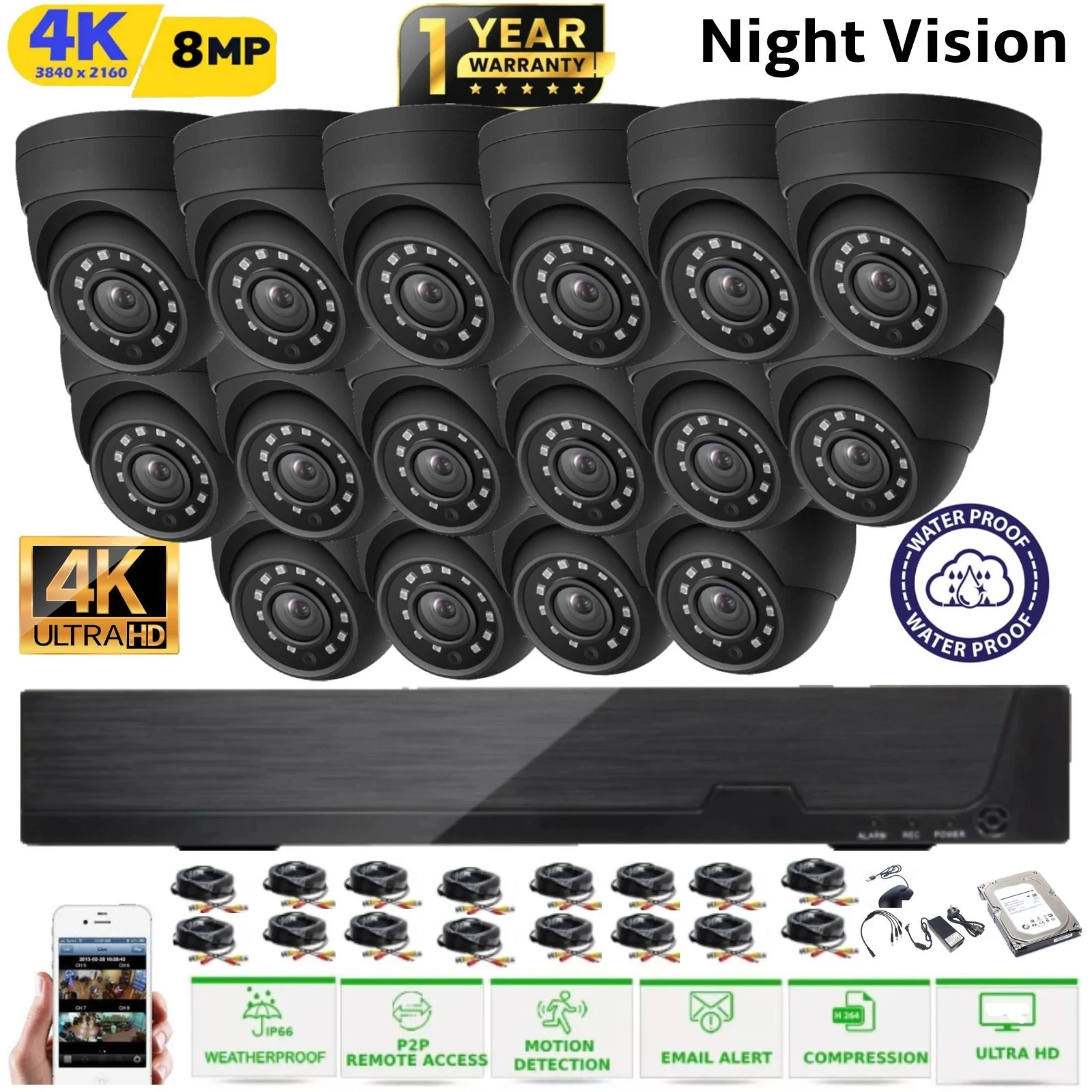 8MP CCTV CAMERA 4K DVR SYSTEM OUTDOOR NIGHT VISION CAMERA SECURITY DVR 4/8/16CH - Picture 1 of 47
