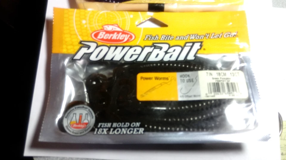 BERKLEY "POWER BAIT",NEW, LOT OF 2 PKS, 7" POWER WORMS,GR.PUMPKIN&ELECT.GRAPE - Image 2 of 3