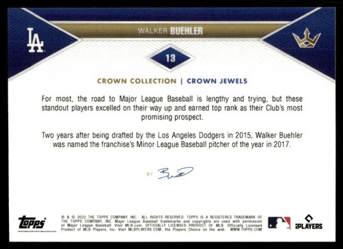 2022 Topps Crown Collection #13 Walker Buehler Los Angeles Dodgers - Picture 2 of 2