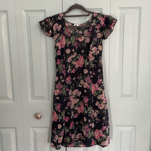 dELiA*s Y2k Babydoll Floral Mini Dress Sheer/Slip Navy Fuschia Flutter Sleeve Lg