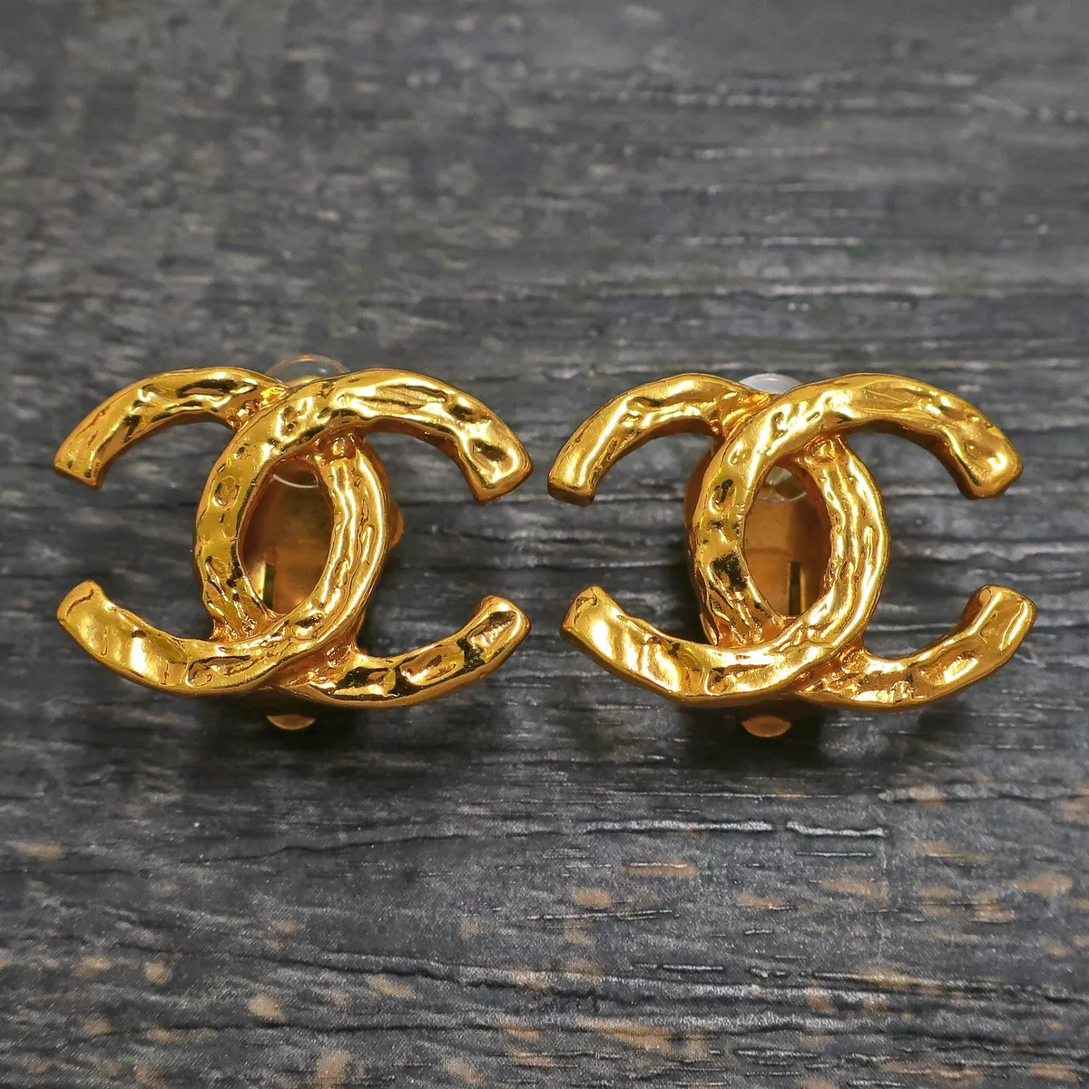 CHANEL Gold Plated CC Logos Vintage Clip Earrings #315c Rise-on