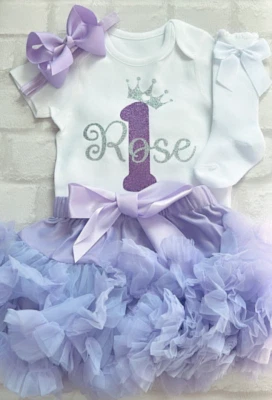FLORENCE LILY BOUTIQUE Girls 1st First Birthday Cake Smash Outfit Socks Personalised Lilac Silver