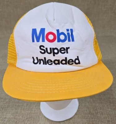 Vintage 80's Mobil Super Unleaded Trucker Hat Yellow White Mesh Snapback
