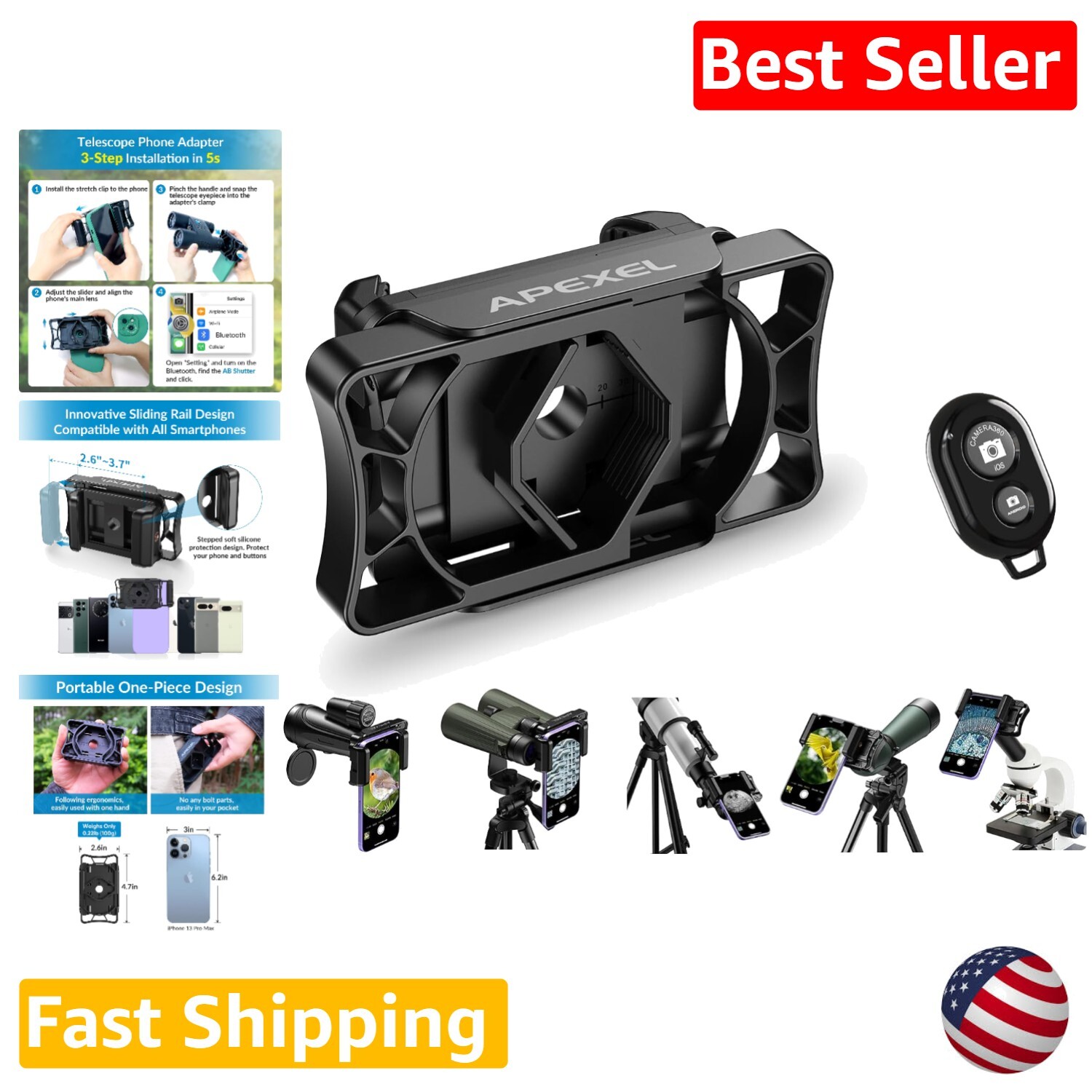Sturdy Smartphone Mount for Telescope and Spotting Scope with Remote Control