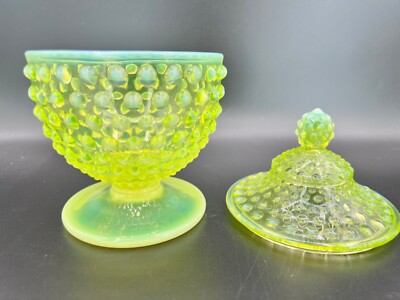 フェントン オパールセント キャンデイディッシュ Fenton Blue Opalescent Hobnail Pedestal Candy Dish With Lid