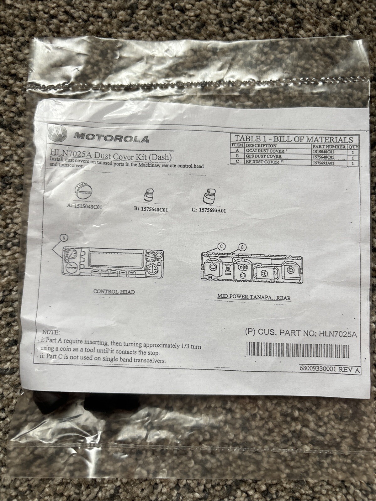 Motorola HLN7025A, Dust Cover Kit, NEW IN PACKAGE