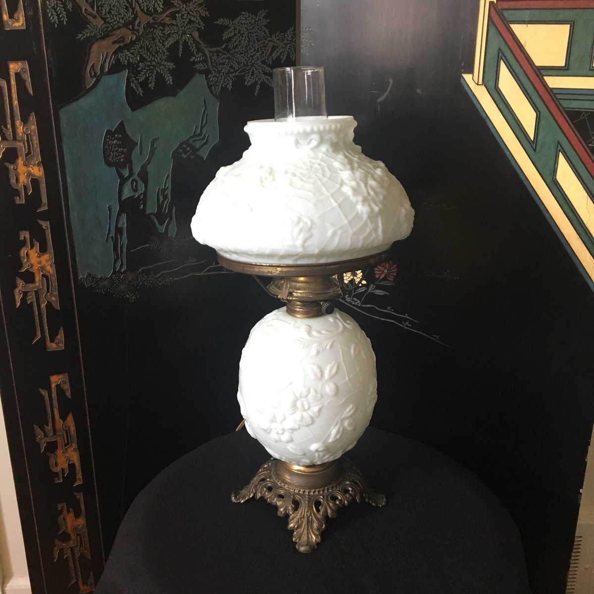 Gothic Victorian Fostoria Spiderweb & Pansy Milk Glass Lamp | eBay