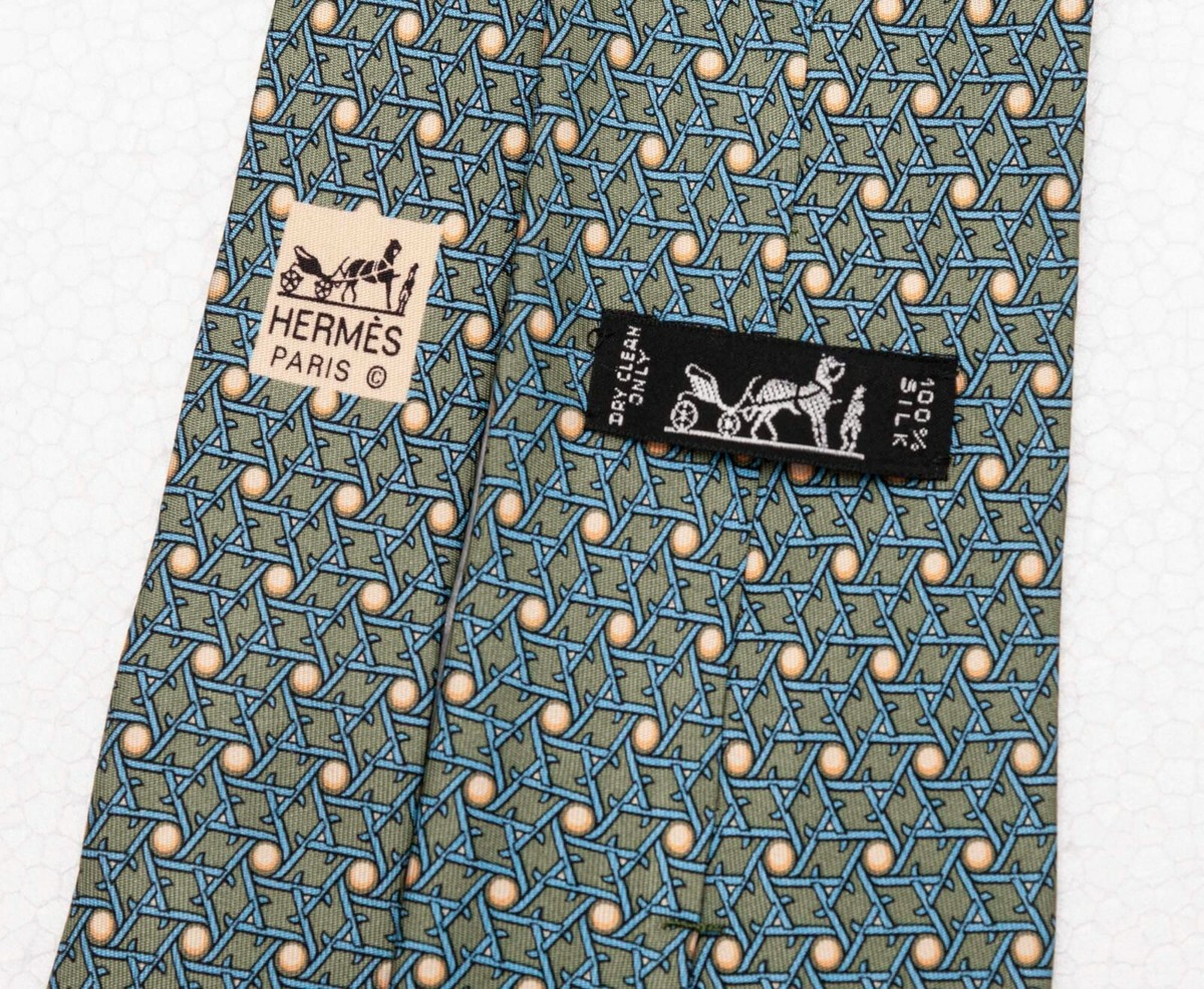 HERMES Tie Silk Necktie 7882 MA Geometric in Green 100% Auth