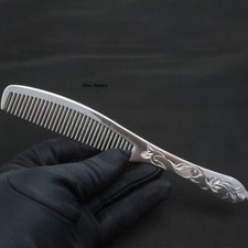 Solid S999 Fine Silver 999 Comb Carved Lotus Fish Hair Care Comb 56-57g 185 26mm