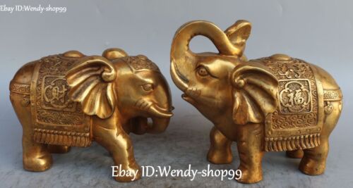 Old Purple Bronze Gilt Wealth Money Ruyi Auspicious Elephant Animal Statue Pair - Foto 1 di 12
