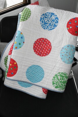Modern Quilted Throw/Baby  Quilt Red Blue And Green Baby Quilt. Applique Circles