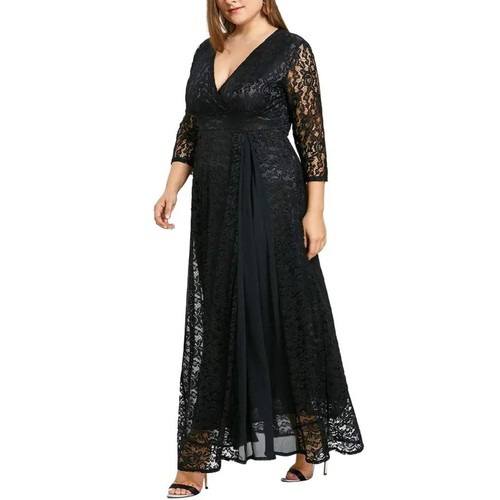 Maxi vestido de encaje para mujer cintura alta manga 3/4 cuello en V imitación frontal abertura cóctel XL - Imagen 2 de 5
