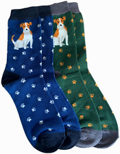 Mens Socks Jack Russell Dogs 2 Pair Pack Dog Pattern Novelty Navy Blue Green New