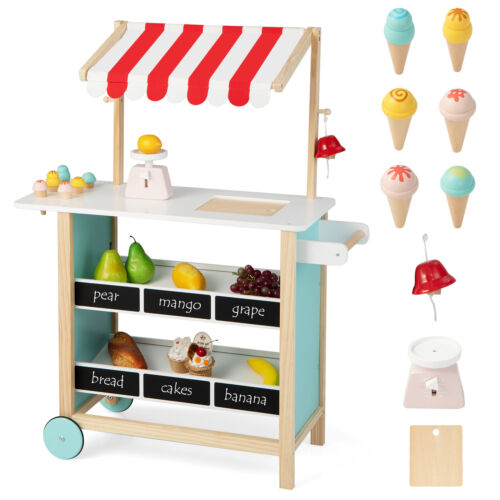 Kids Wooden Ice Cream Cart Children Pretend Play Shop Farmers Market Stand Set