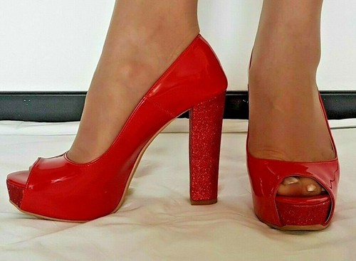 Decoltè Spuntate PeepToe in Vernice Rossa Lucida Tacco 12 Brillantini  Blocchetto | eBay